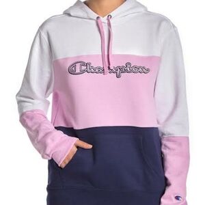 Champion Powerblend Pink Navy Hoodie Logo Sweatshirt Sz Large